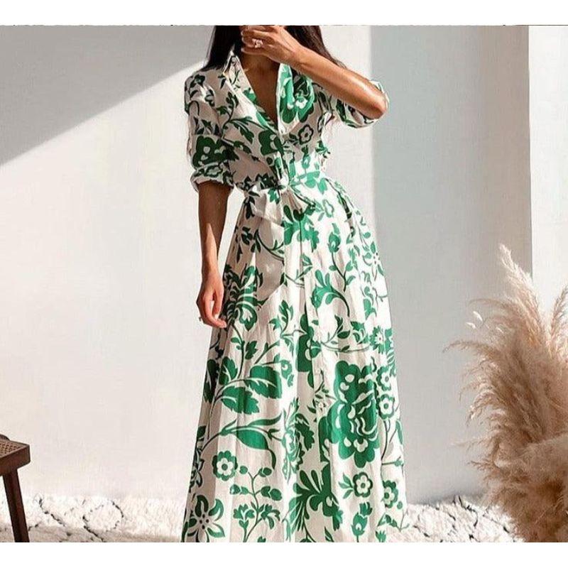 

Fashion Commuting Western Style Spring and Autumn New Lapel Print Single-Breasted Mid-Length Ninth Sleeve Dress Dress White(Figure) L