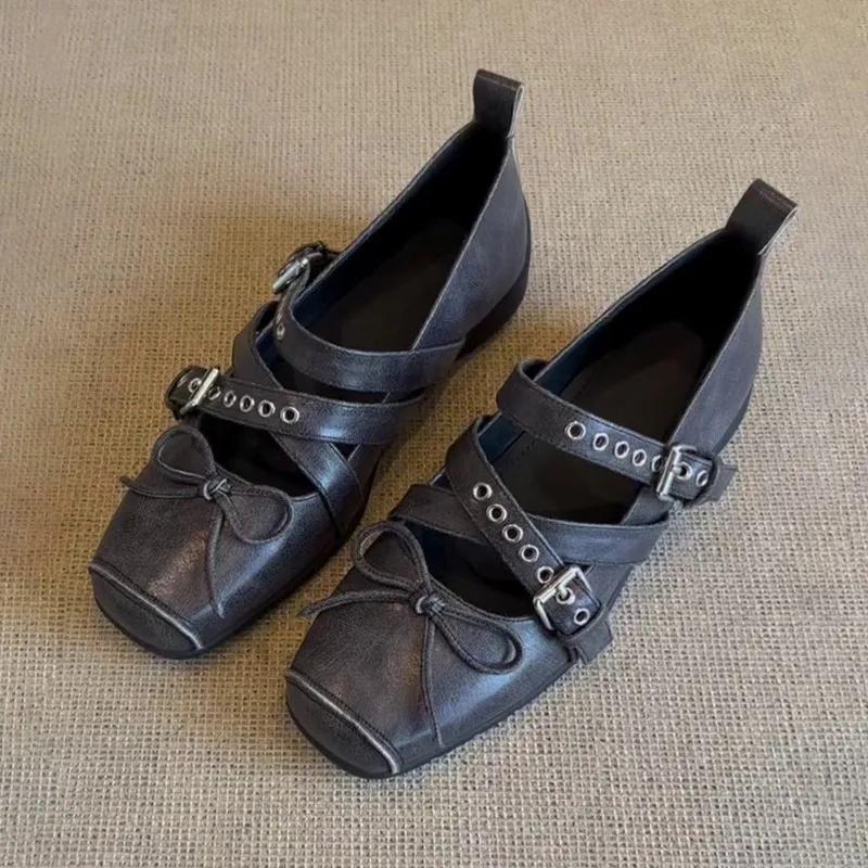 Fashion Cross Tied Buckle Flat Mary Jane Shoes Women Elegant Square Toe Shallow Ballet Flats Comfortable Soft Sole Casual Shoes
