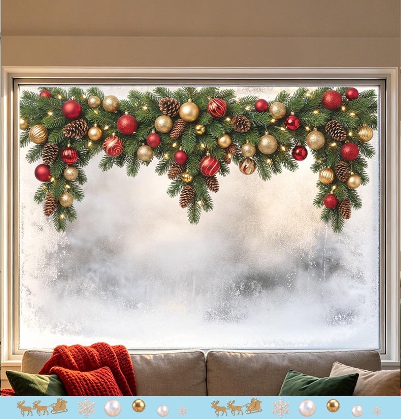 Christmas Garland Window Cling Static Window Sticker Pine Branch Ornament Glass Decal Removable Holiday Home Decoration
