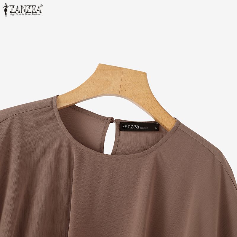 ZANZEA Women Casual Round Neck Loose Ruffles Short Sleeve Blouse