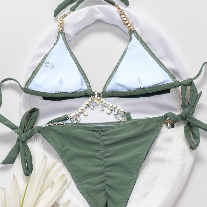 Women's Sexy Black Triangle Bikini with Rhinestone Waist Chain