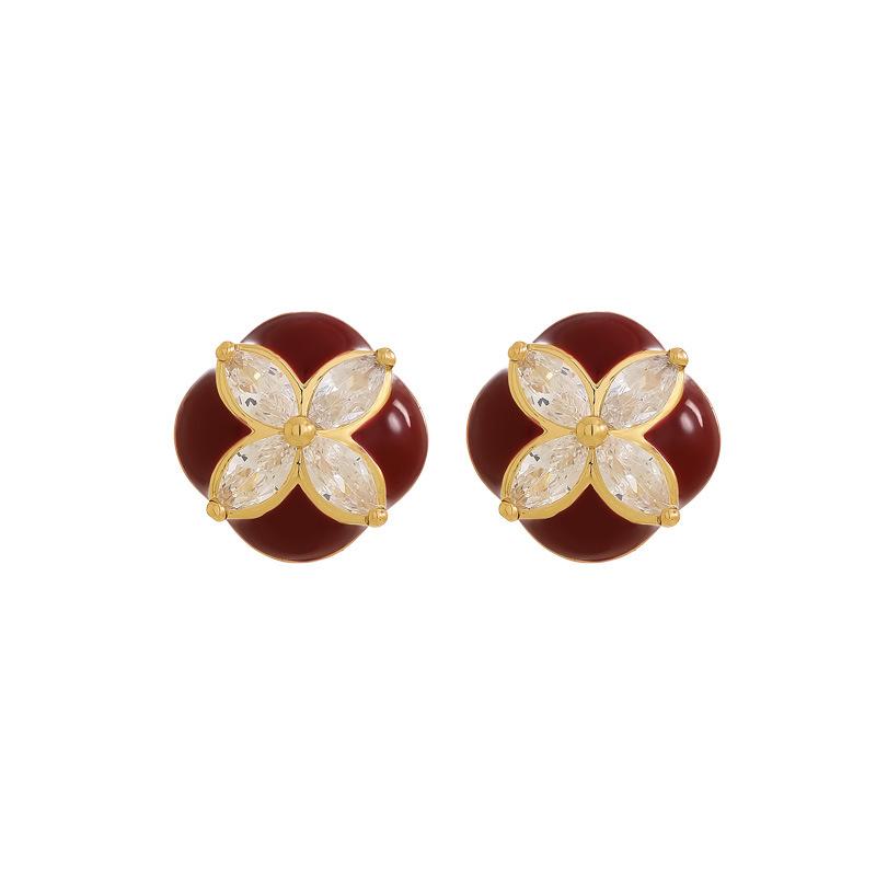 Vintage light luxury 111 silver needle red dripping flower stud earrings, premium geometric earrings earrings
