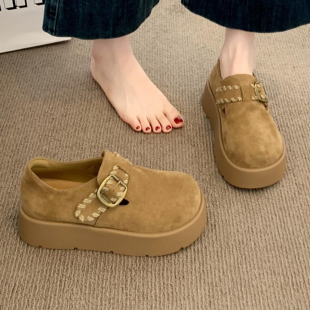 Thick-soled heightening all-inclusive Boken shoes women's 2025 new autumn small man one-pedal loafers embroidered single shoes