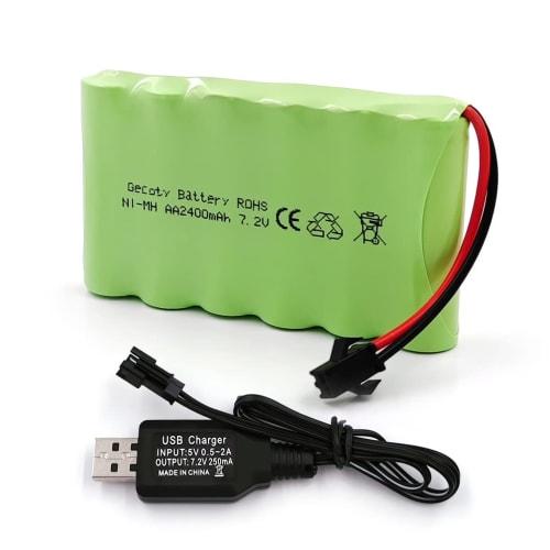 Gecoty 7.2V Battery, SM-2P Plug, 2400mAh Ni-MH Rechargeable Battery with Charging Cable, Suitable for Many Types of RC Trucks, RC Engineering Vehicles