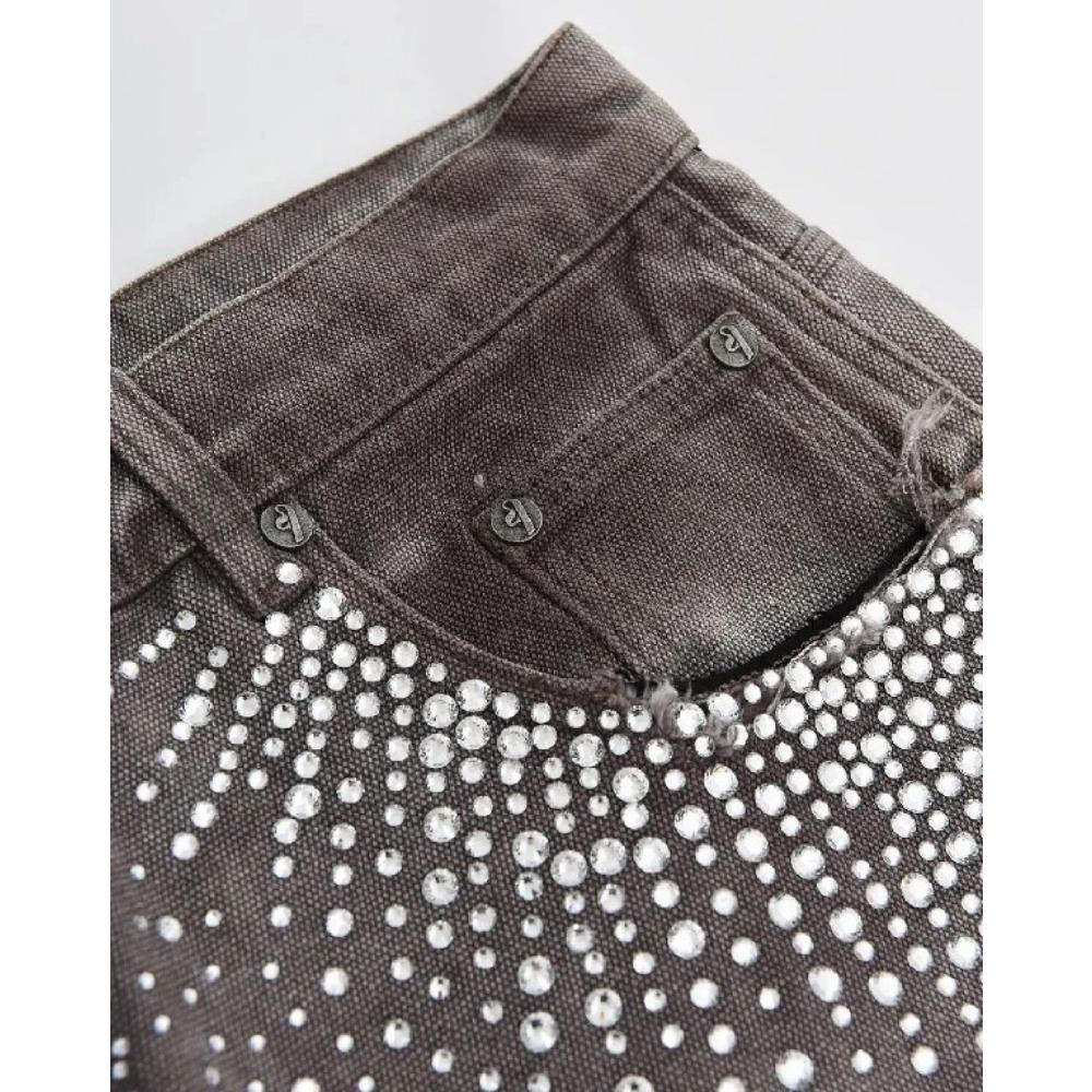 ZYLLO Streetwear Shorts Y2K Herren Damen Gothic Hip Hop Strass Pailletten Retro Baggy Jeans Denim Gymnastikshorts Hohe Taille Lässige Shorts