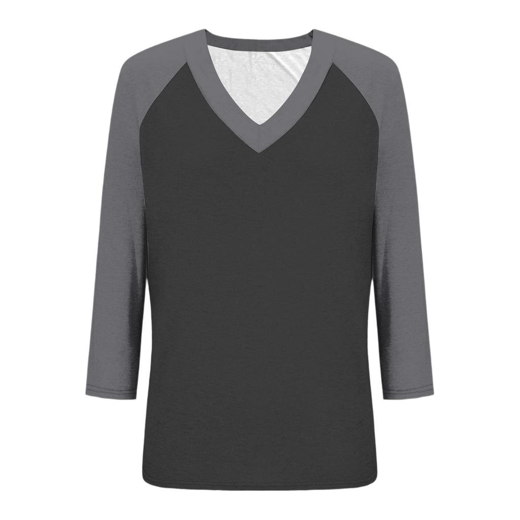 Women's Casual And Fashionable Patchwork V-Neck Top With Seven Quarter Sleeves Top