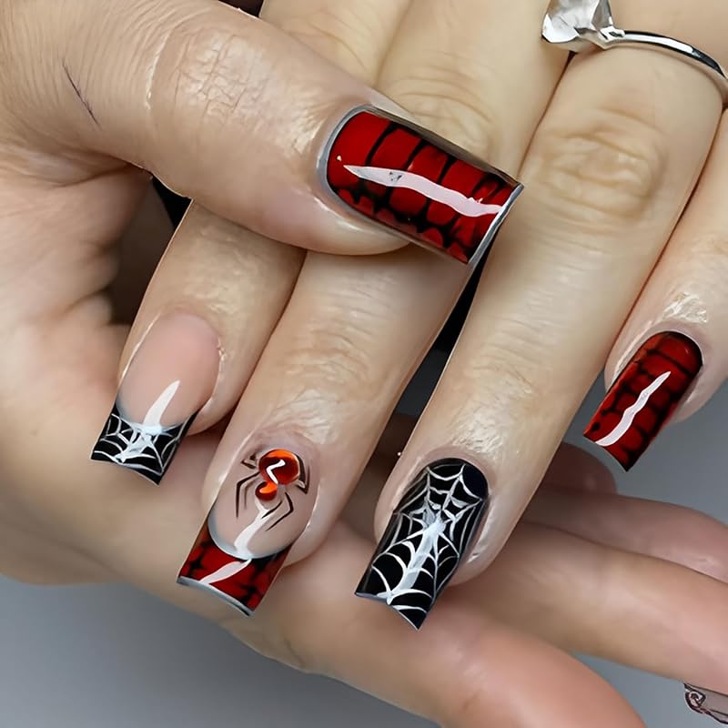 White French Tip Halloween Press on Nails Medium Square Fake Nails with Pumpkin Design Spider Bat False Nail Full Cover Glossy Acrylic Glue on Nail