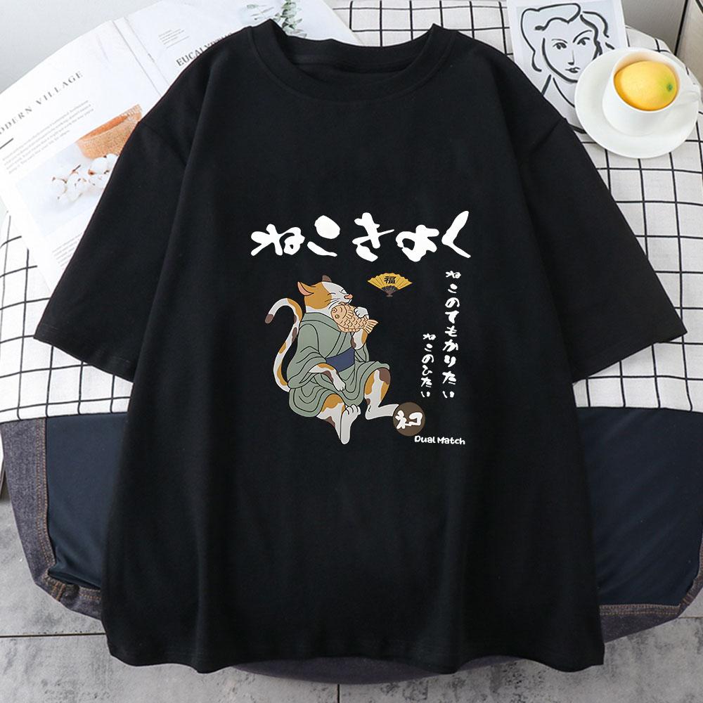 Japanese Kanji Cat Tshirt for Women Fashion Print Animals Summer Short Sleeve Female Kawaii T Shirt Cute Young Girl Clothes Y2k