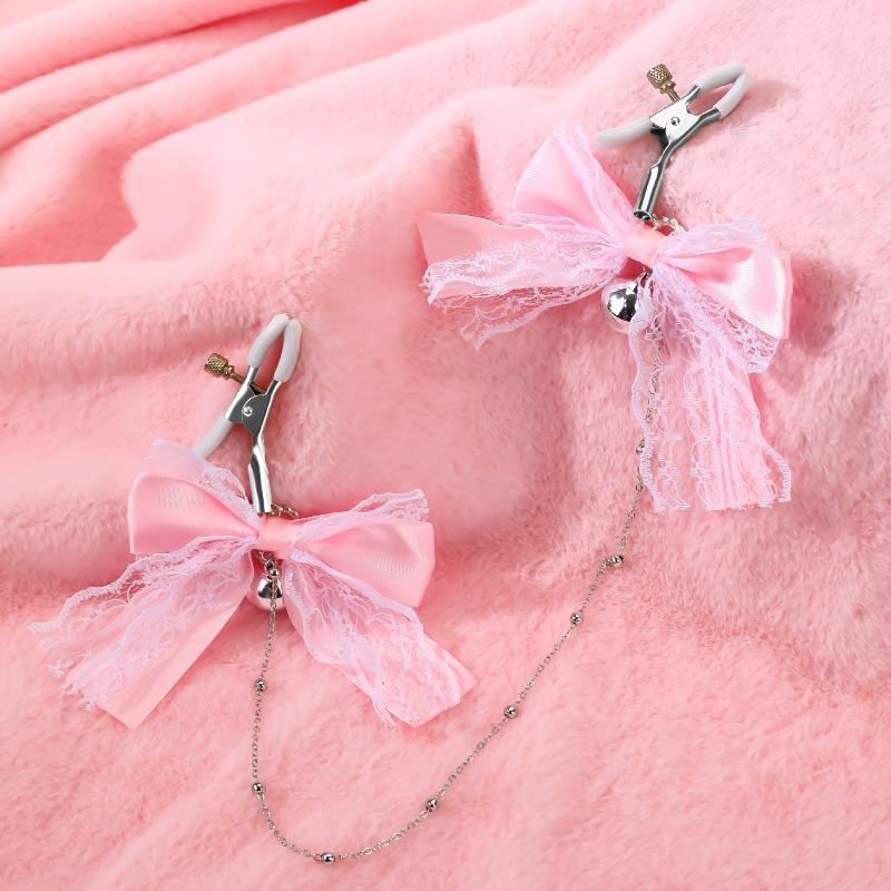 1Pairs Lace Butterfly Knot Bell Nipple Clamps Adult Toy With Chain Sexy Teasing Accessory Polyester Fabric Cute Girl Style