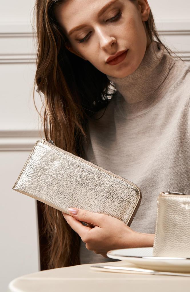 de Long Wallet Wallet Gold Wallet Long Wallet Money Luck Italian Cowhide Leather Genuine Leather Plain Stylish Thin Thin Wallet Slim Golden Champagne