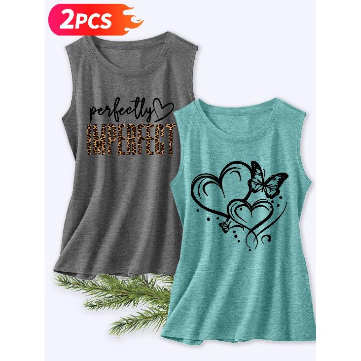 Follow a Specific Direction Two-piece Summer Women's Beautiful Tank Top Set Leopard Print: Perfect or Imperfect, with Love and Butterfly Series
