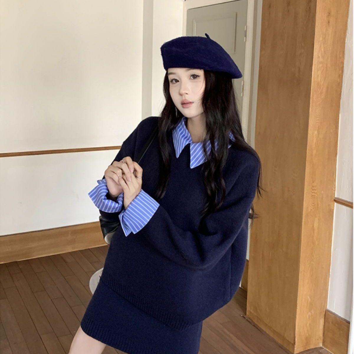 

Korean Style Striped Patchwork Sweater Skirt Set for Women S for 40-48 kg
