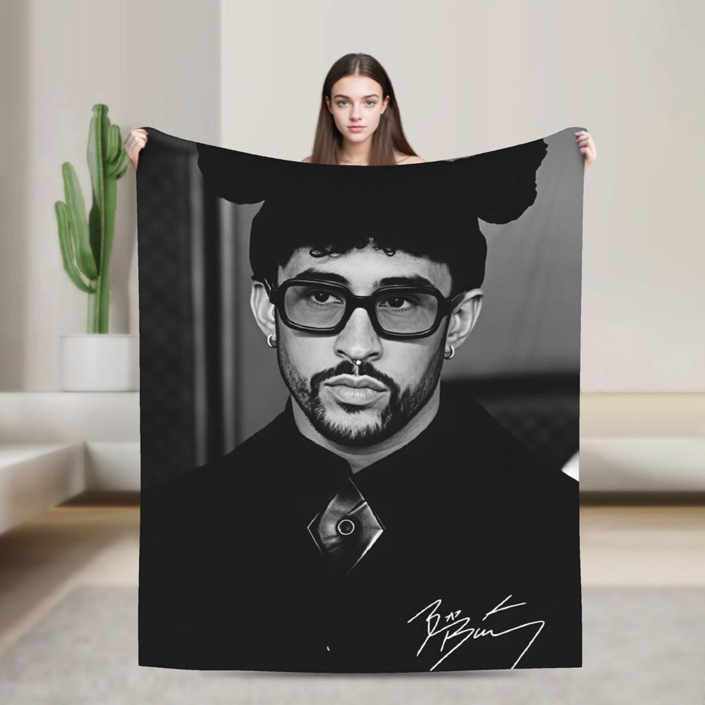 Bad Bunny Puerto Rican Rapper Portrait Blanket Warm Fashion Plush Throw Blanket For Child Bedroom Flannel Bedspread Bed Cover