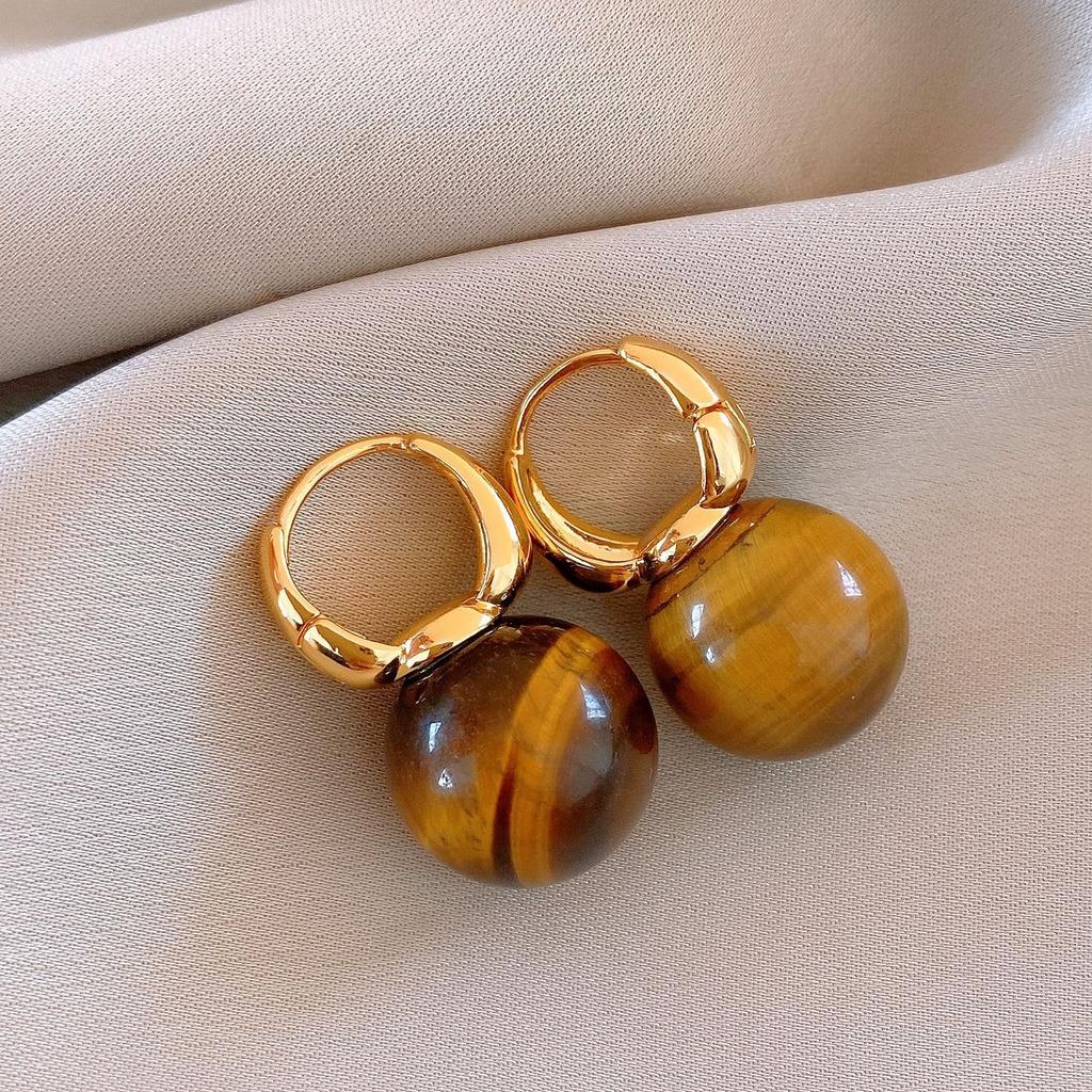 Maillard Retro Round Tiger's Eye Stone Earrings, Ear Buckles, European and American Simple Personalized Earrings, Women