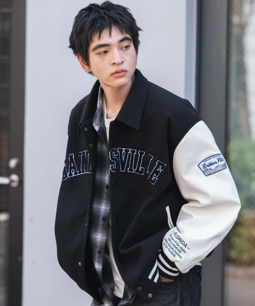 WEGO Melton Patch Stadium Street Loose Oversized Size Black Men's Jacket, Unisex, Style, Fit, Silhouette, Fall/Winter Clothing, Gift, M,