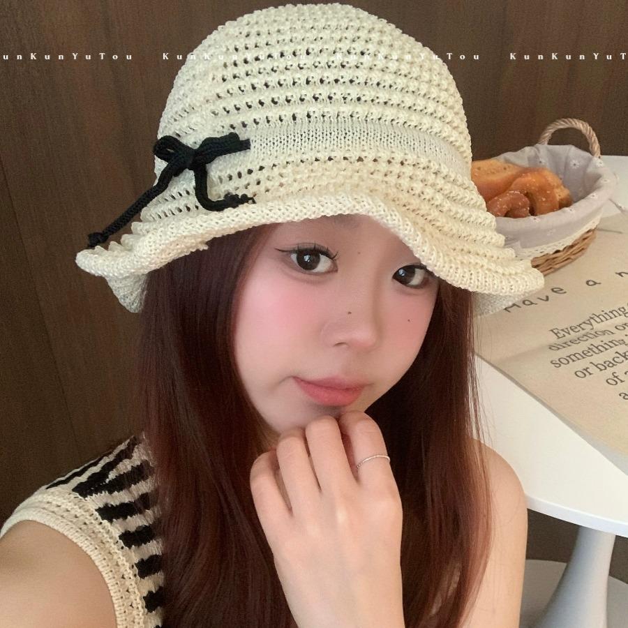 Sweet bow hollow crimped straw hat versatile face small holiday wind beach bucket hat