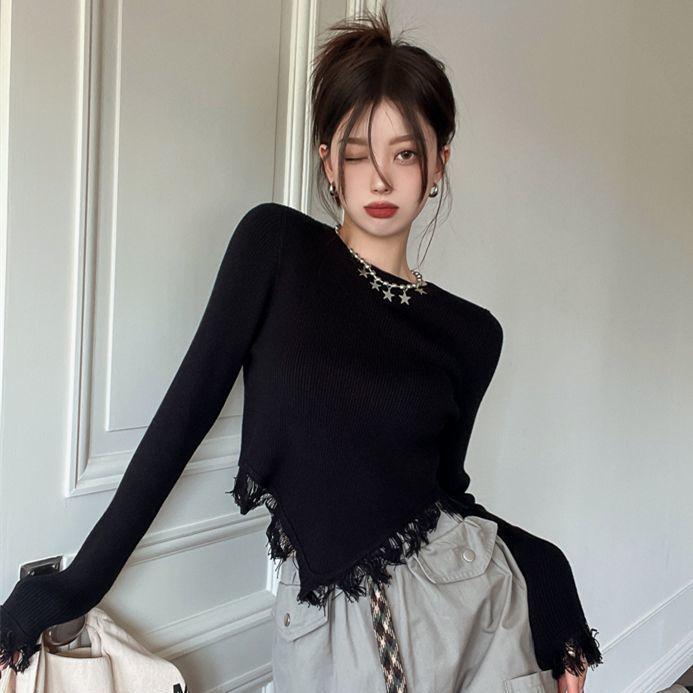 

Женская приталенная футболка с кисточками и нерегулярным длинным рукавом - Модная осенне-зимняя футболка с круглым вырезом One Size чёрный