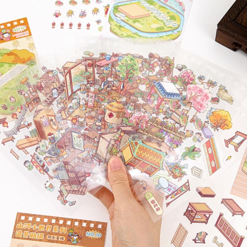 DIY Decorative Sticker Chinoiserie Theme Landscape Sticker Book Scene Sticker Journal Supplies Gift for Kid Child