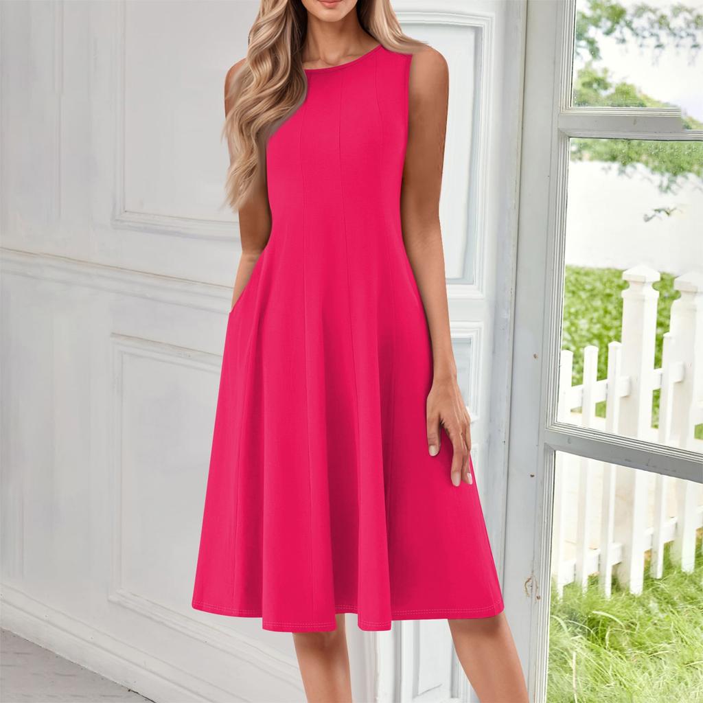 Women's Fashionable Round Neck Sleeveless Solid Color Casual Pullover Mid Length Dress