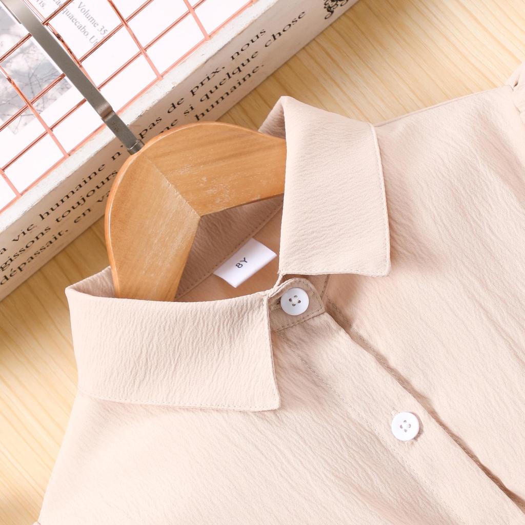 Girls' Long-Sleeve Mesh Patchwork Dress with Waistband and Turn-Down Collar