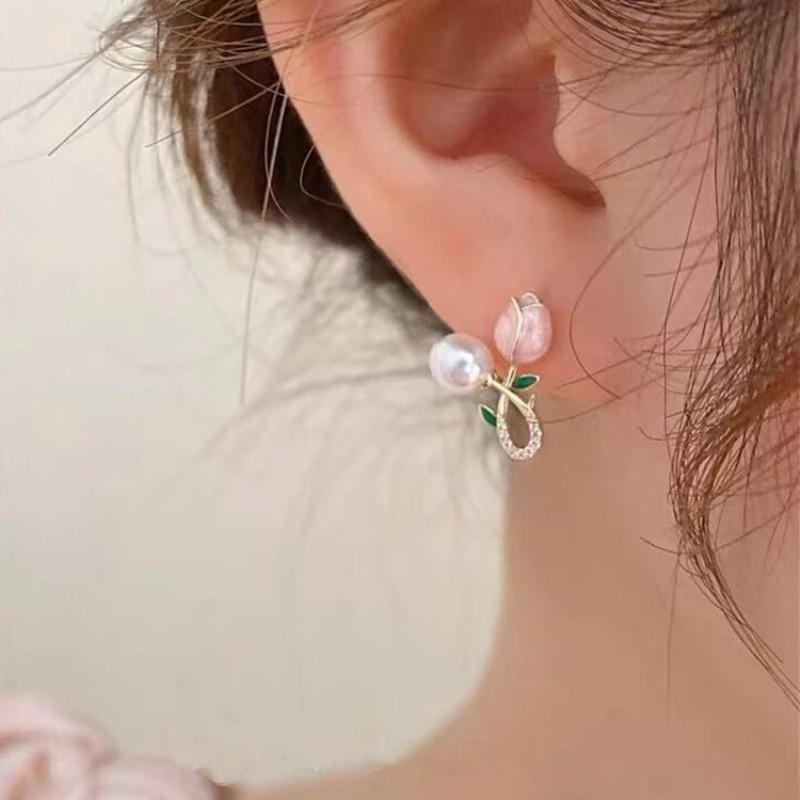 Pearl Stud Earrings with Pink Tulip Design - Versatile, Elegant Forest Style for Women