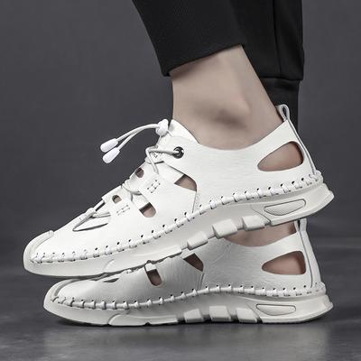 FashionLuxury Men Soft Sole Roman Ankle Wrap Leather Closed Toe Sandals Cool Man Hollow Out Low Top Height Increase Shoe Summer Sandals