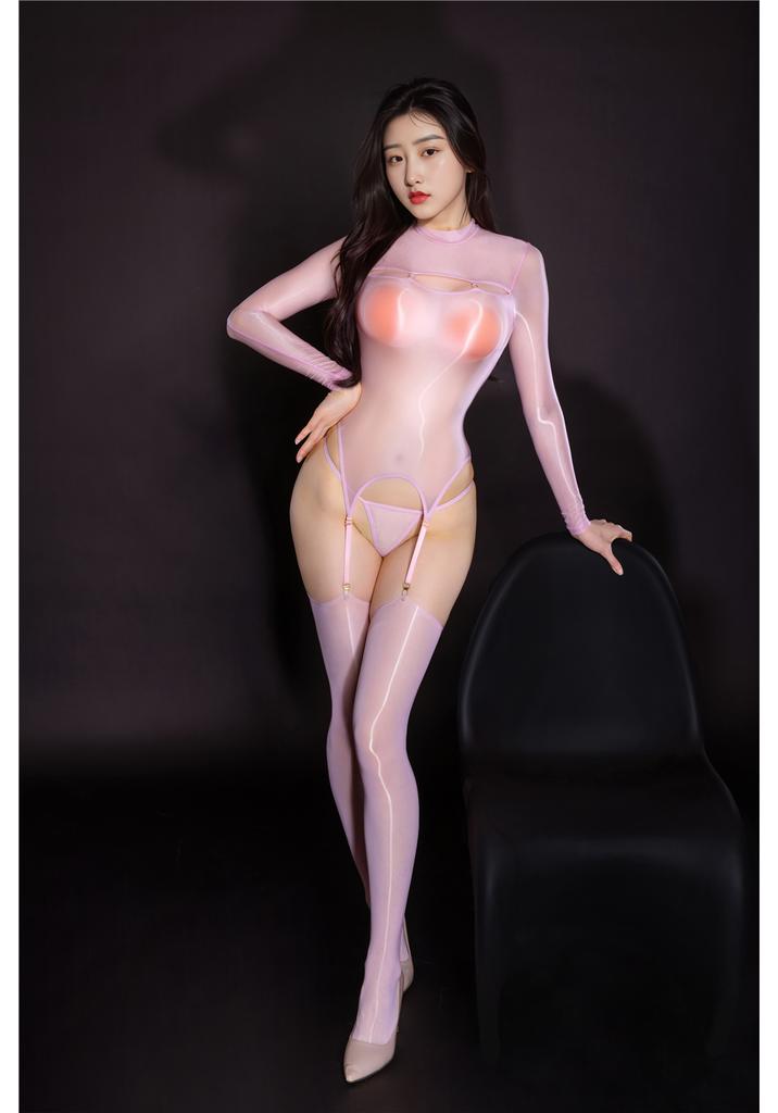Sexy Women Oil Glossy Shiny Hollow Out Bodysuit Sheer See Through Elastic Open Crotch Yoga Maid Shaping Garter Tight