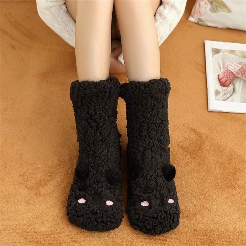 Women Winter Cute Bear Embroidery Fuzzy Slipper Socks Non Slip Warm Socks with Grips Furry Plush Sock for Home Sleeping