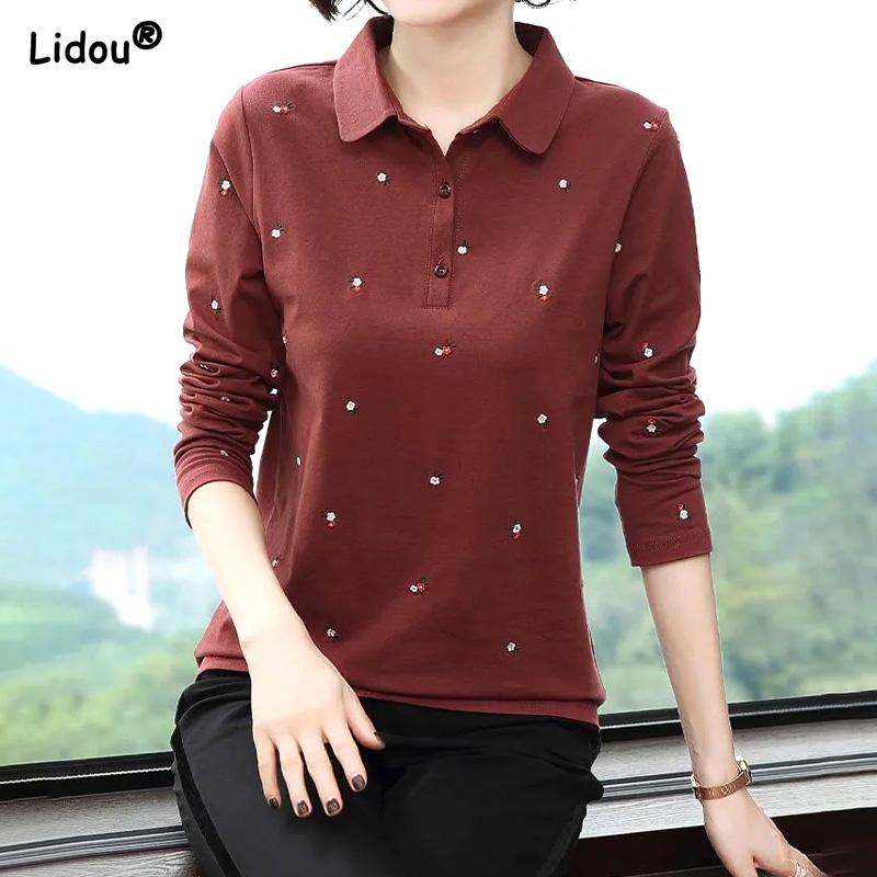 All Season Turn-down Collar Solid Dot Pattern Casual Plus Size Loose Women's Clothing T-Shirts Comfortable Simple Button