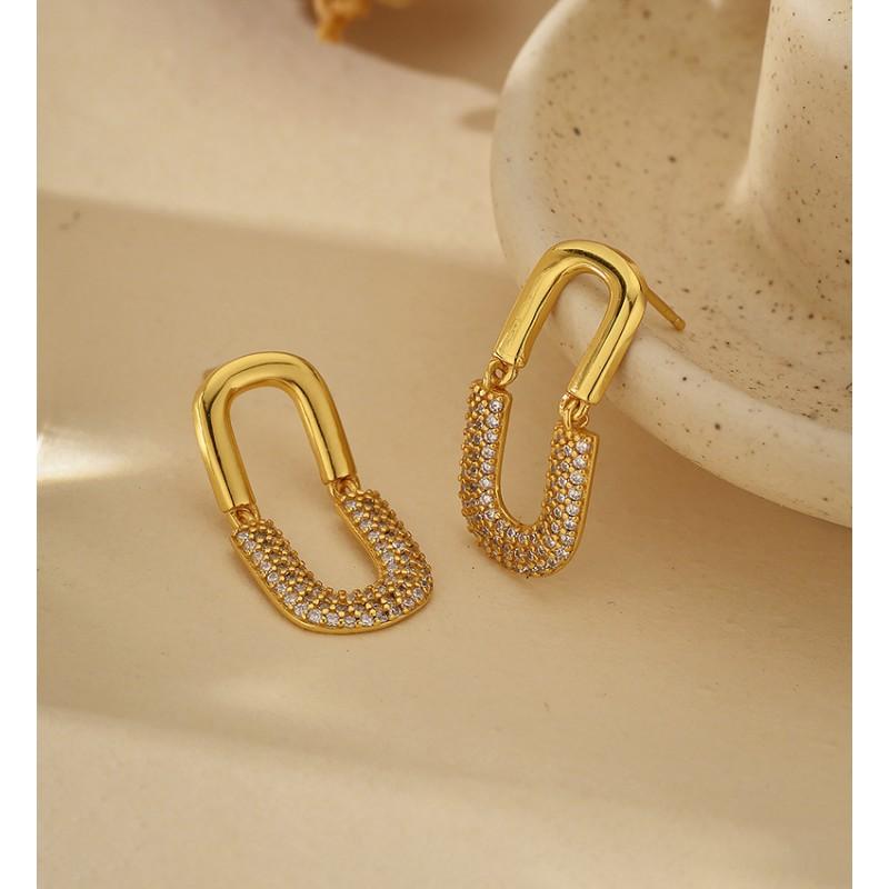 U-Shaped Stud Earrings With Full Crystal Pave Oval Design Sterling Gold Plated Minimalist Chic Women