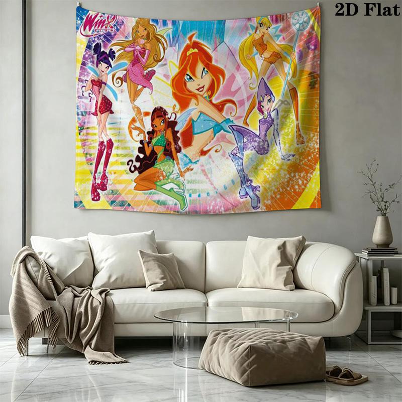 Winx Club Cartoon Wall Tapestry Aesthetic Wall Hanging Printed Fabric Blanket Decorative Tapestries for Bedroom Living Room Home Decor