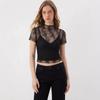 Lace top women's summer perspective thin mesh bottoming shirt Spice girl short-sleeved suspender shirt two-piece set