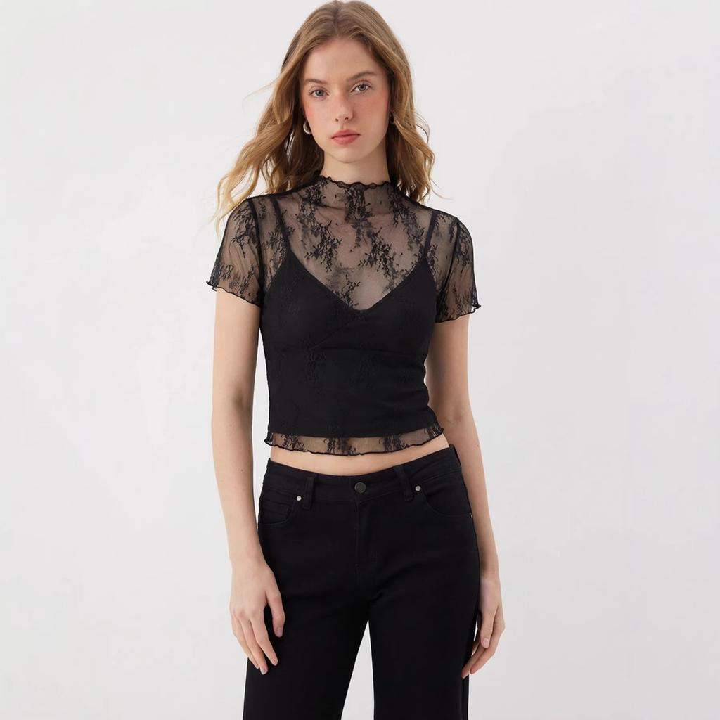 Lace top women's summer perspective thin mesh bottoming shirt Spice girl short-sleeved suspender shirt two-piece set