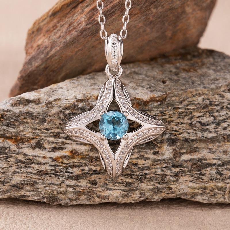 Natural Sapphire Diopside Topaz Aquamarine Colored Treasure Necklace Women'S S925 Silver Star Pendant