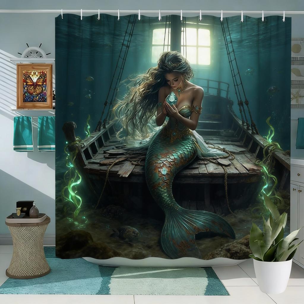 1ks Zlatý ocas mořské panny Podvodní sprchový závěs - Magická koupelnová dekorace, Polyester, Pratelný, 70,8x70,8 palce, Sušit na šňůře, n