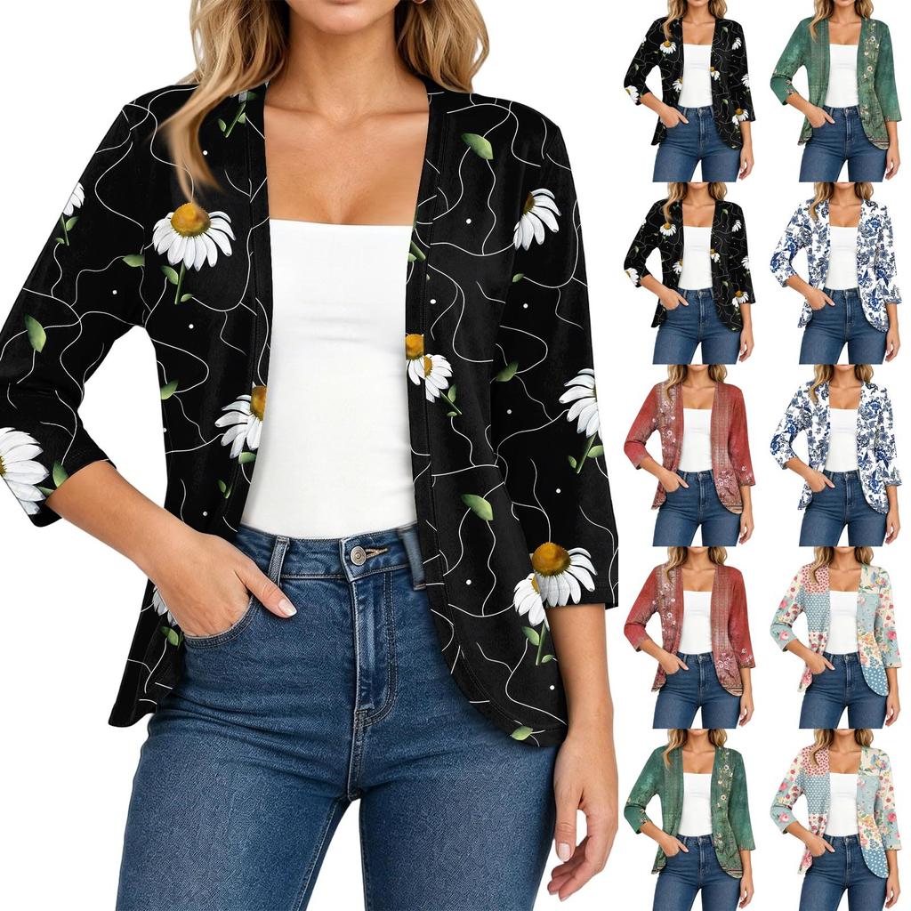 Women's Lightweight Loose Fit Vintage Floral Print Three-Quarter Sleeve Cardigan for Casual Daily Wear
