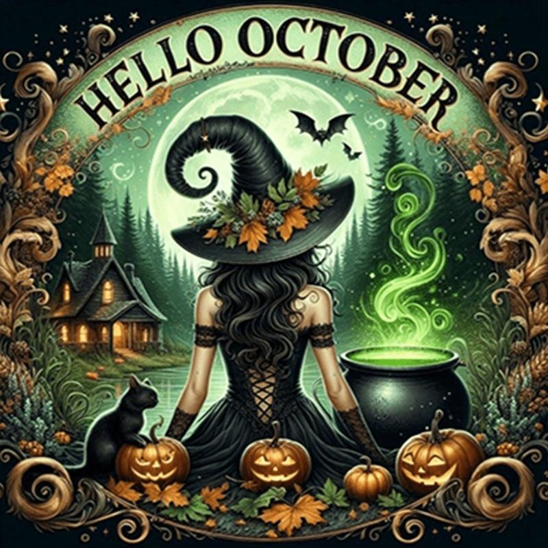 Diamond Painting Kit - Autumn Witch Pattern, Round Full Diamond Beads, Frameless, Suitable for Adults And Beginners, Halloween Gift