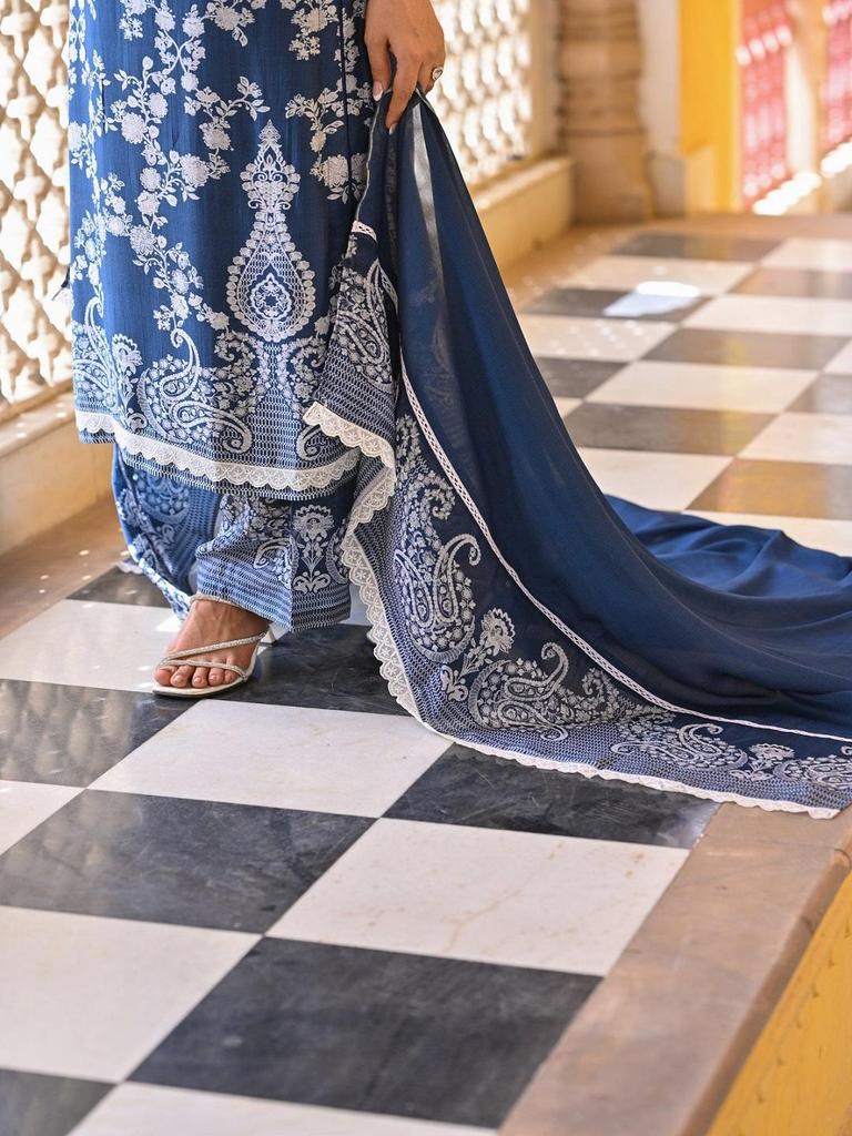 Women Blue Kurta Set with Dupatta Printed Ethnic Suit Festive & Party Wear