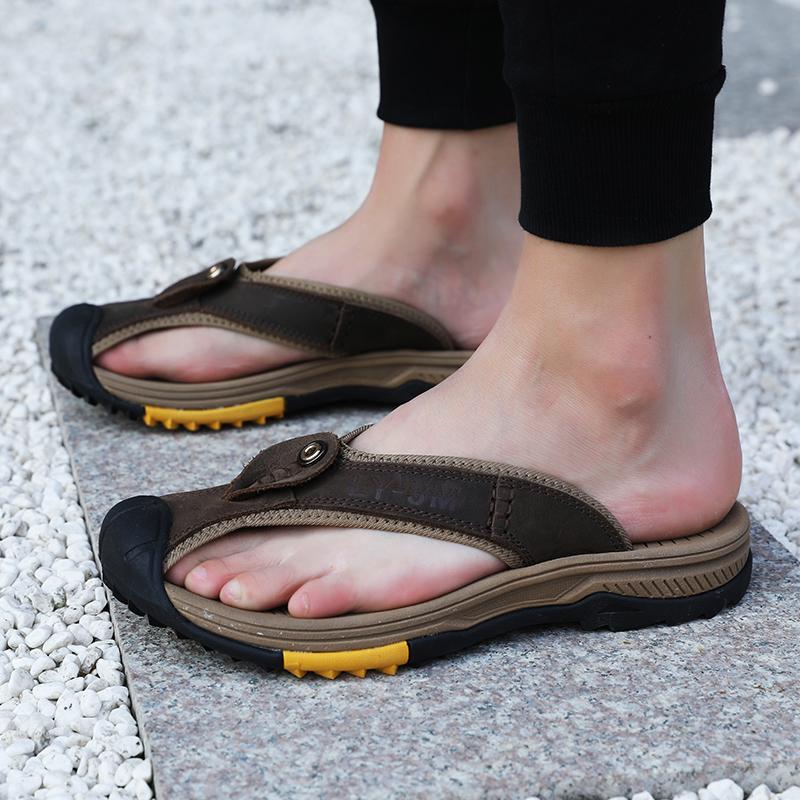Men Flip Flops Genuine Leather Male Slippers Retro Beach Slides Fashion Massage Summer Shoes Anti-slip Men's Flip-flops Big Size