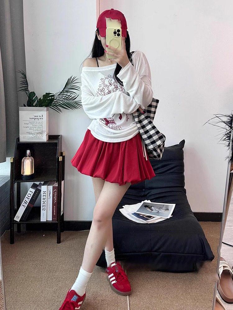 Plus-Size Red Bud Hem Midi Skirt for Women - Autumn Sweet Spicy Girl Cloud Fluffy A-Line Short Skirt
