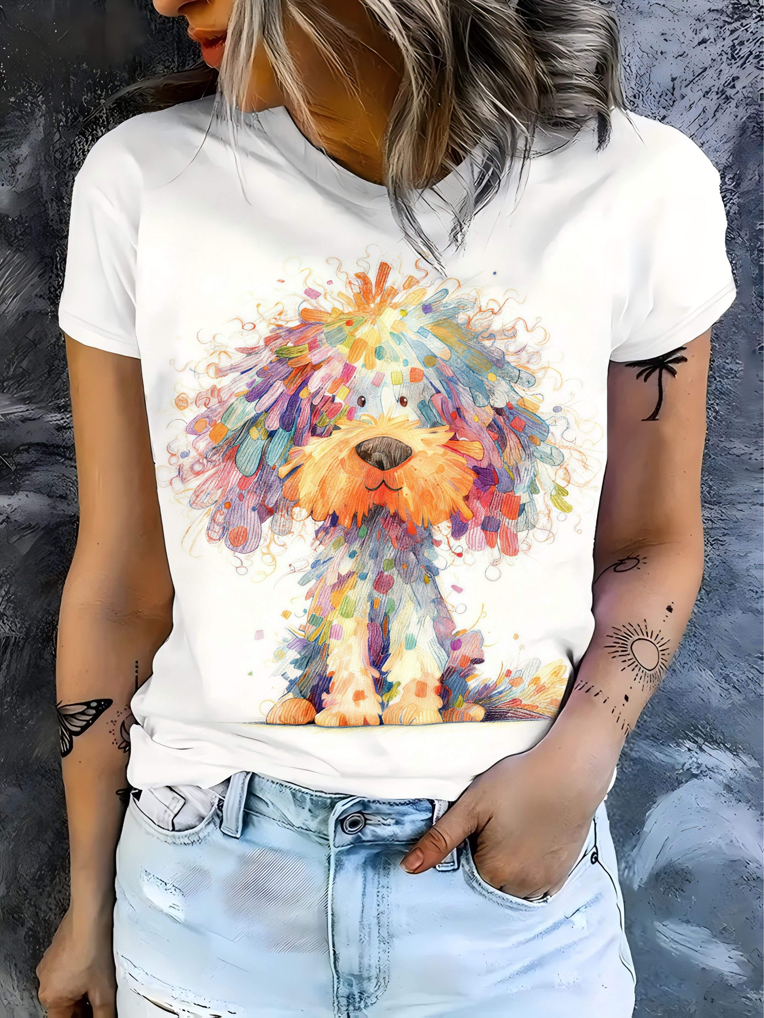 

Ladies Rainbow Splatter Dog Print Round Neck T-Shirt. Vibrant And Energetic Style. Perfect for Casual Wear. Outings. Vacations. Shopping. And Dates. 3XL дубильная кора