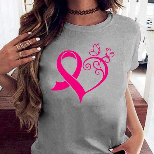 Pink Ribbon Heart Print Women T Shirt Short Sleeve O Neck Loose Women Tshirt Ladies Tee Shirt Tops Camisetas Mujer