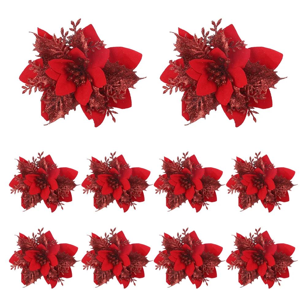 10/20Pcs Bling Flower Heads Glitter Powder Flowers Decors Xmas Tree Decoration Sparkling Christmas Flowers New Year Supplies