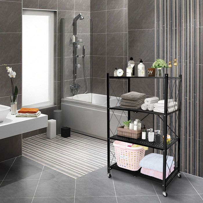 Meuble de rangement pliable - 4 étagères - Métal noir - 4 roulettes verrouillables - 272 kg de capacité