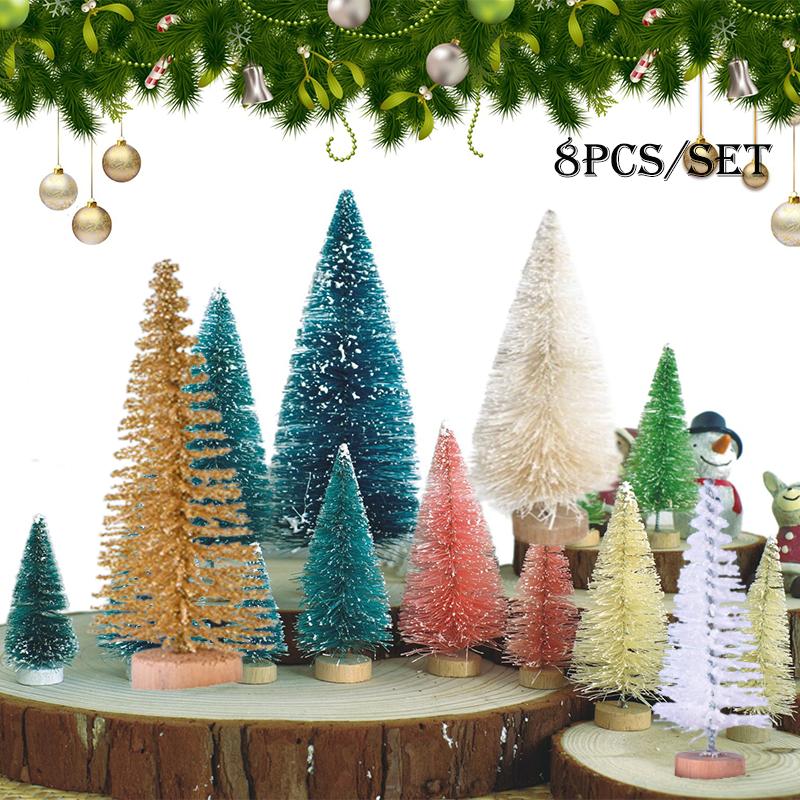 Christmas 8pcs Miniature Tree Mini Pine Frosted Sisal Trees Xmas Ornaments Decor