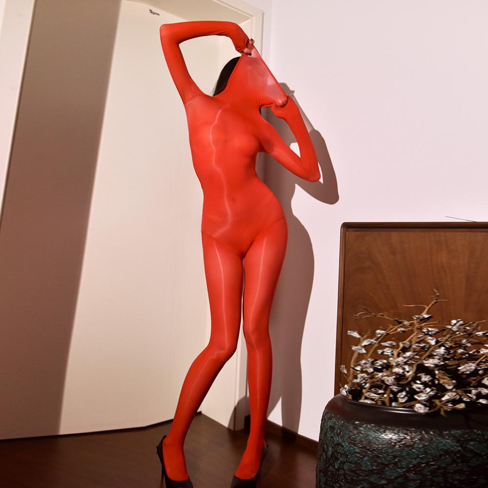 Sexy Damen Hochkragen Abdeckmaske Bodysuit Öl Glänzend Glatt Nahtlos Sexy Strumpfhose Elastisch Yoga Strampler Cosplay Dienstmädchen Leotard