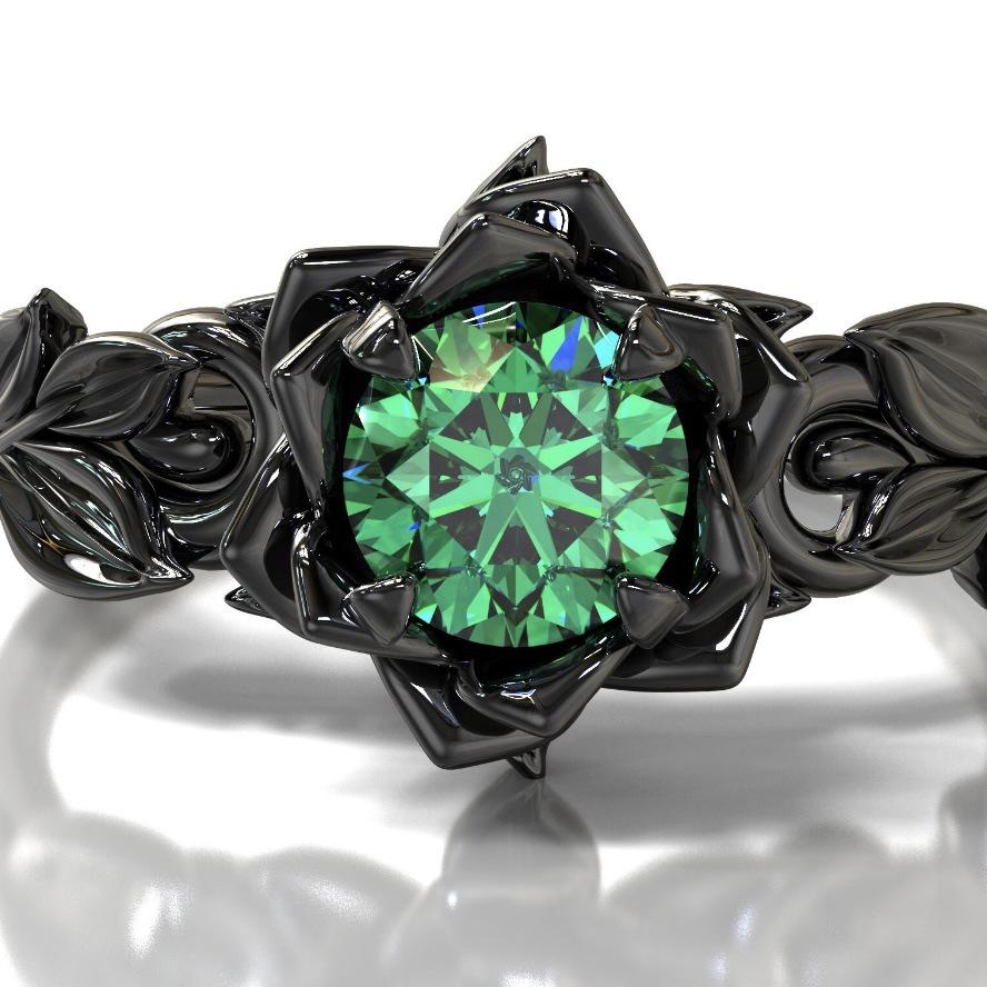 Floral Designed Adjustable Ring with Round Cut Simulated Gemstone Black Metal Band for Women Fashion Accessories