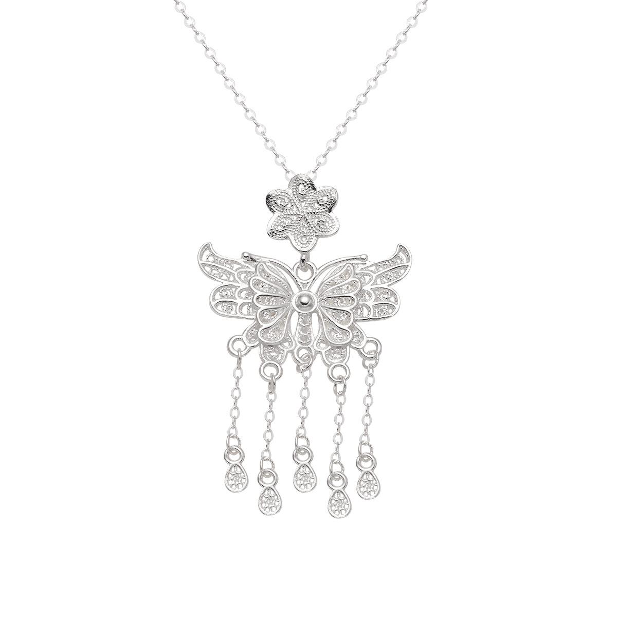 

Кулон из чистого серебра 990 пробы с ажурной бахромой в виде бабочки-феникса, серебряное изящное ажурное ожерелье в виде павлиньего хвоста Pure silver серебряный