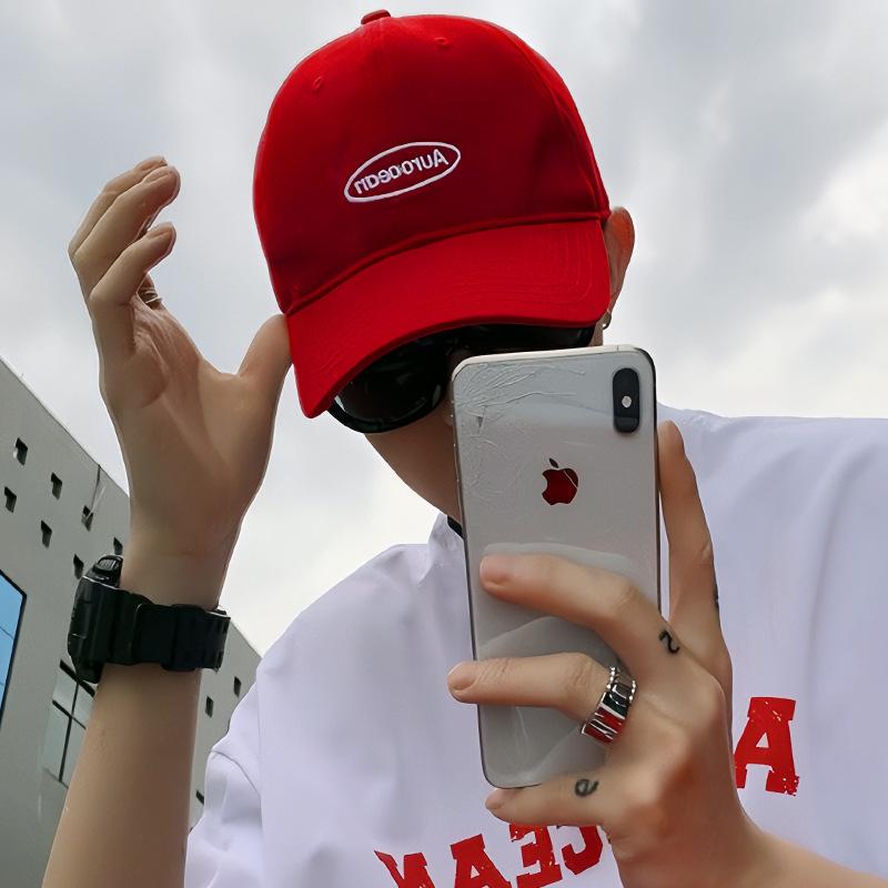 Bright Red Soft Cotton Baseball Cap Oval Outline Aurocean White Letter Embroidery Adjustable BackStrapMinimalistCasualDad HatUnisexDailyOutdoorSun Hat