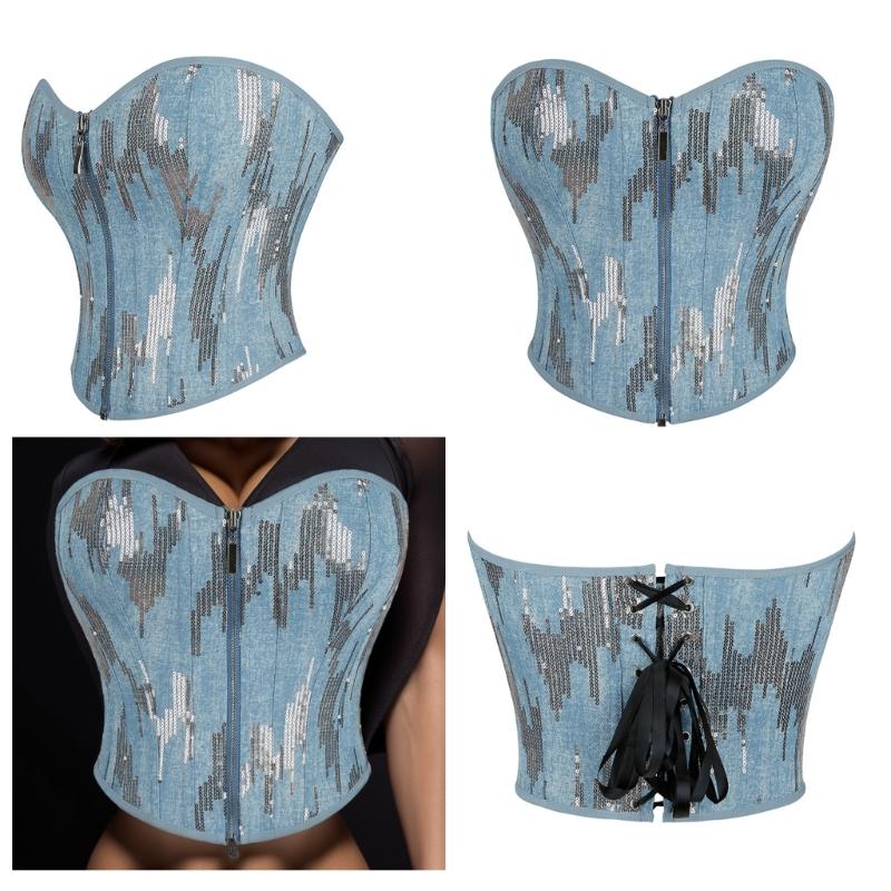 Girl Low Cut Strapless Vest Sexy Overbust Sequins Fishboned Corset Nightclub Banquets Party Body Slimming Strapless Vest